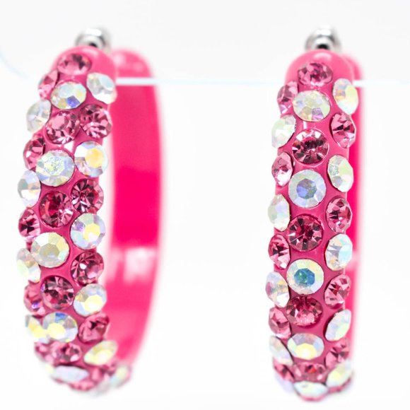 2" Pink Diagonal AB/Pink Rhinestones Hoop Earrings - Picture 7 of 9